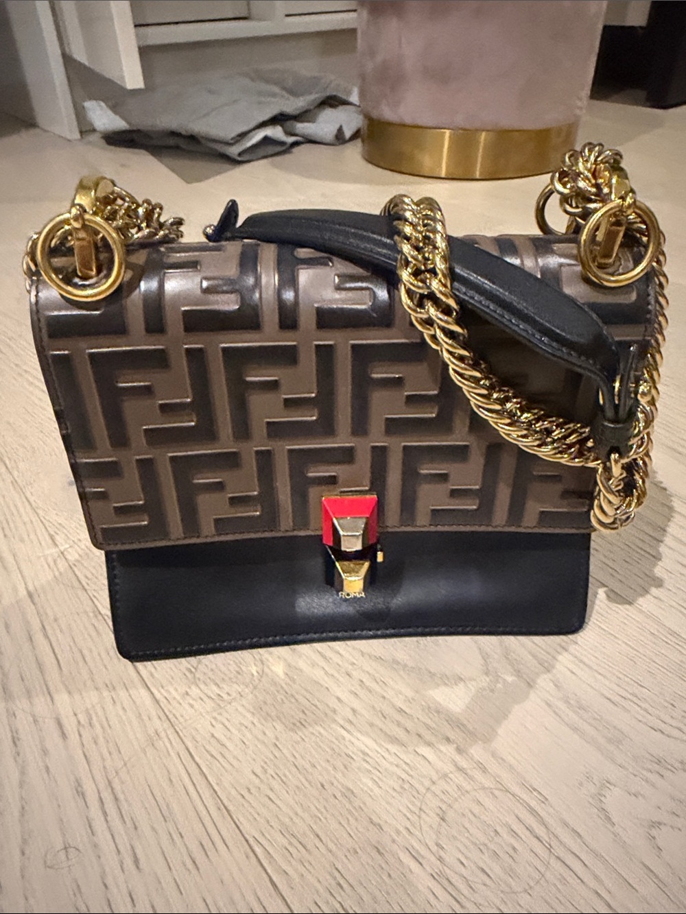 Fendi Brown and Black Embossed FF Chain Shoulder Bag